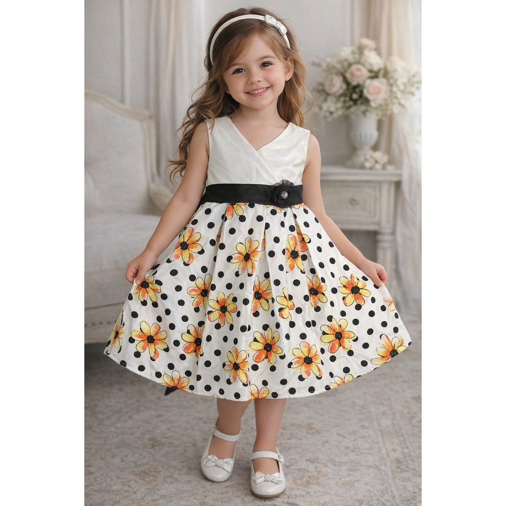 Brooke Lindsey Girls 5 Floral Polka Dot Party Dress White Black Yellow Church